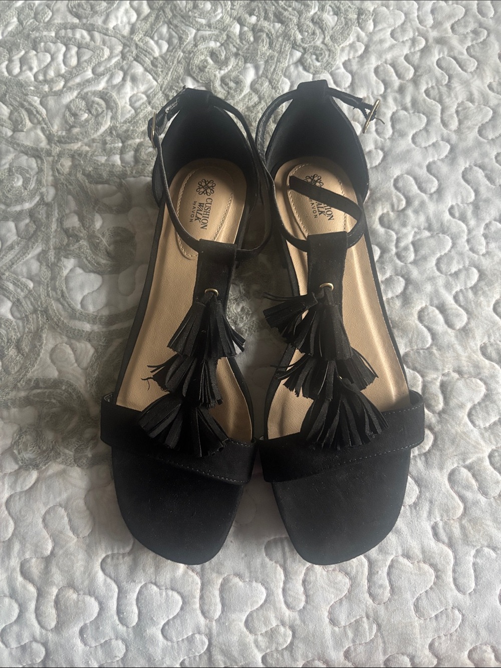 Cushion Walk by Avon Black Tassel Ankle-Strap Sandals - Black Size 10